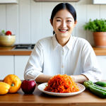 **

A diverse range of colorful fruits, vegetables, and fermented foods (kimchi, yogurt) arranged artfully on a wooden table, fully clothed person smiling in the background, sunny kitchen environment, healthy lifestyle theme, safe for work, appropriate content, fully clothed, professional photography, perfect anatomy, correct proportions, natural pose, modest.

**