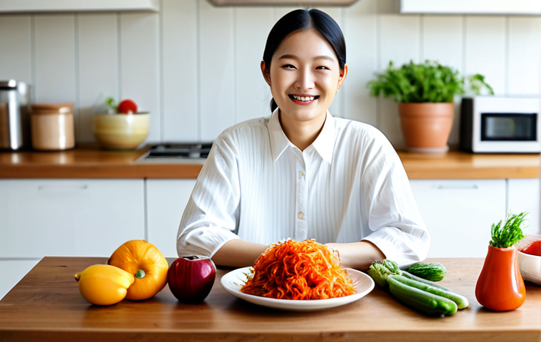 **
A diverse range of colorful fruits, vegetables, and fermented foods (kimchi, yogurt) arranged artfully on a wooden table, fully clothed person smiling in the background, sunny kitchen environment, healthy lifestyle theme, safe for work, appropriate content, fully clothed, professional photography, perfect anatomy, correct proportions, natural pose, modest.
**